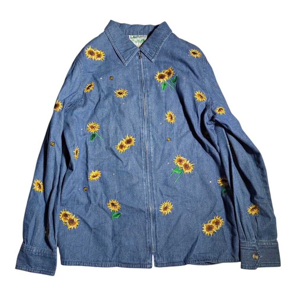 Vtg 1990s Quacker Factory Blue Denim Sunflower Embroidered Full Zip Top Sz S NWT